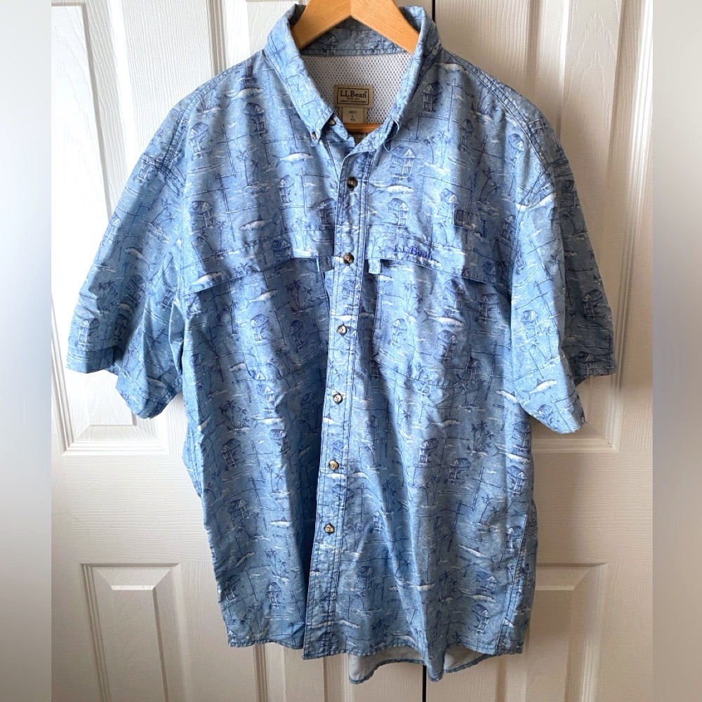 L.L. Bean Blue Tropical Tropicwear UPF 50+ Gorpcore Performance Fishing‎ Shirt L